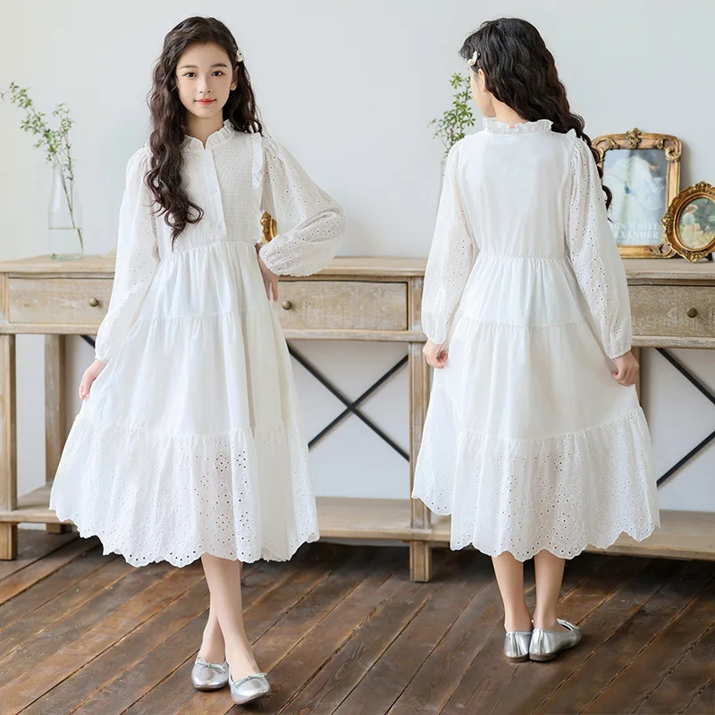 2026 Frühling hohle Kleider weiß Kind Baby Party Mesh Prinzessin Mädchen mittellange Spitze Patchwork Teenager Kleid 4 8 bis 10 12 14 Jahre Image