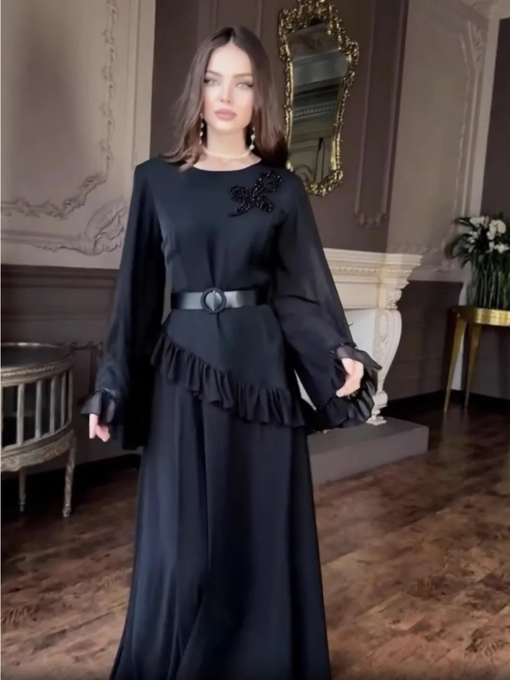 Eid Frauen Kleid Muslimischen Herbst Rüschen Abaya Dubai Vestidos Largos Lange Kleider Kaftan Arabischen Robe Party Kaftan Jalabiya Ramadan Image