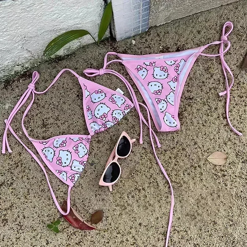 Sanrio Hello Kitty Kawaii Bikinis Set Niedlicher Cartoon Anime Sommer Strand Weiche Seite Riemchenhöschen Kawaii Badeanzug Sexy Bikini Y2k