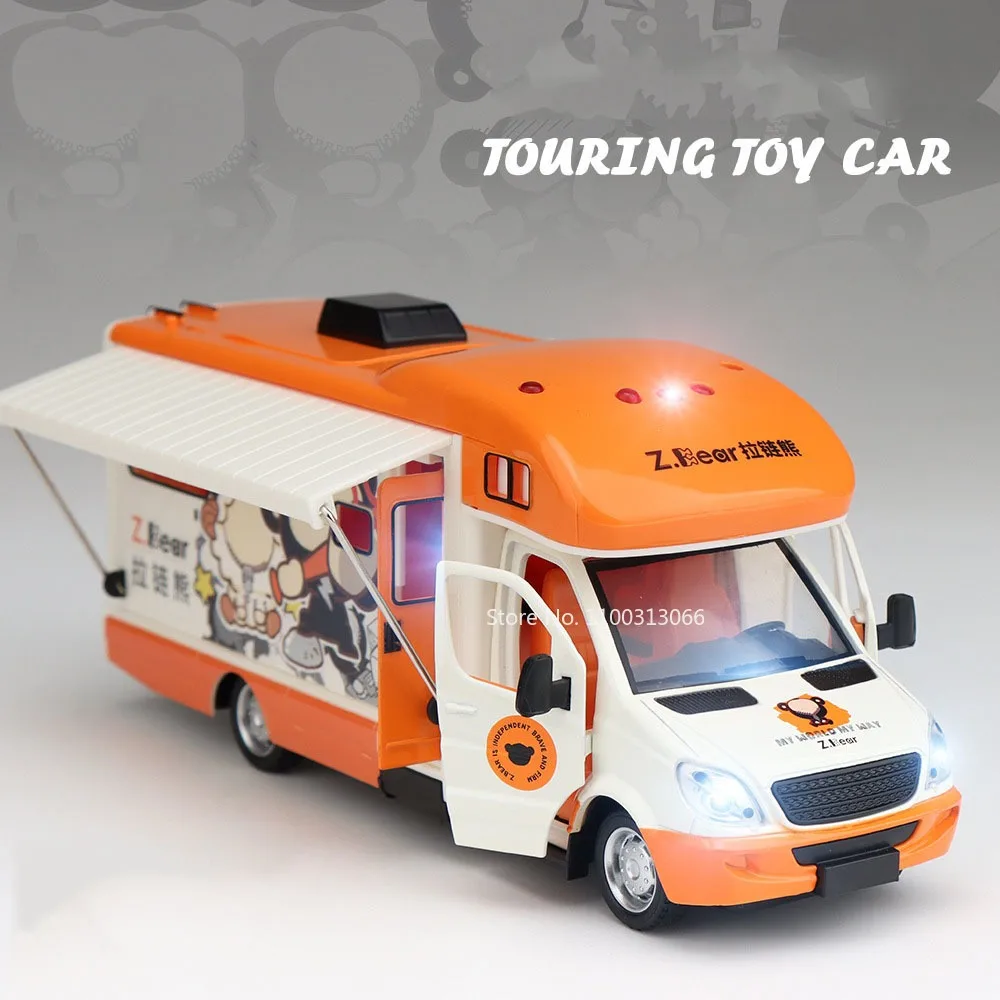 1:32 Cartoon Bär Caravan Spielzeugautos Modell Legierung Diecast Miniatur Touring RV Türen geöffnet Reisen Anhänger für Kindergeburtstagsgeschenke Image
