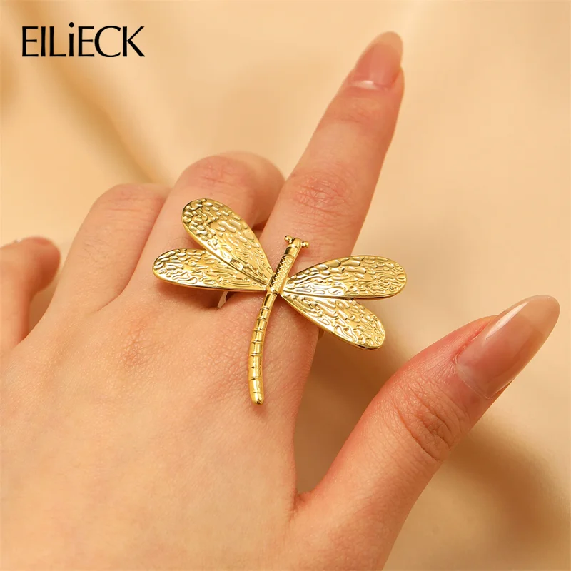 EILIECK 316L Edelstahl Neue Design Libelle Ring Schmuck Frauen 18K Überzogene Metall Textur Gold Farbe Ring Zubehör Image