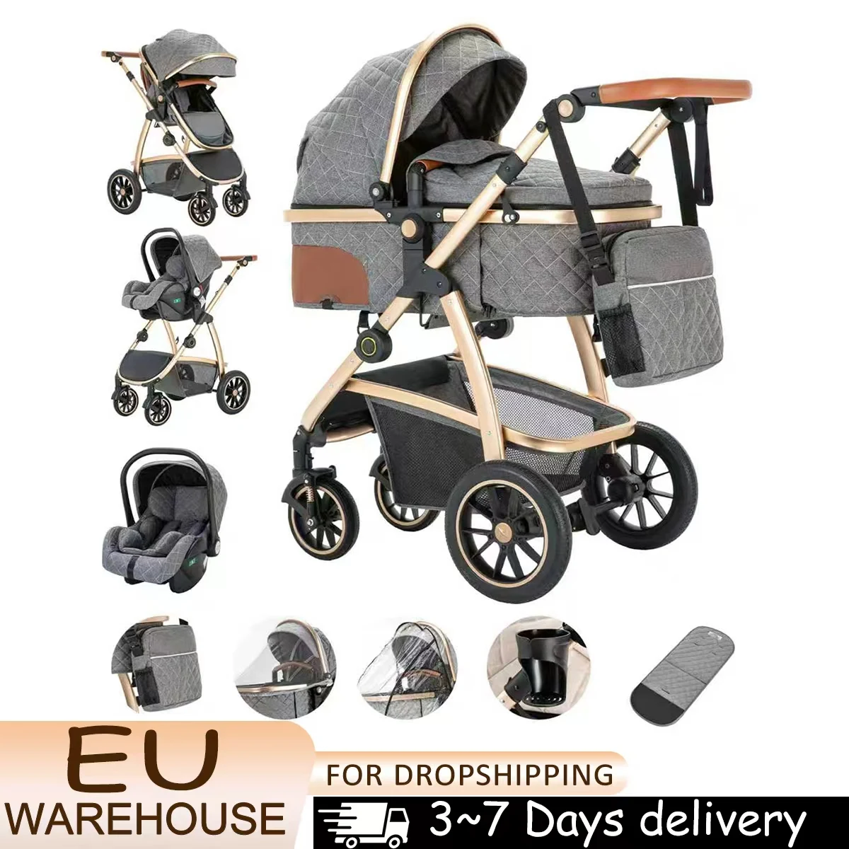 3-in-1-Kinderwagen, Reisesystem, Kinderwagen mit höhenverstellbarem Griff, Reise-Kinderwagen, Kinderwagen mit Aluminiumrahmen