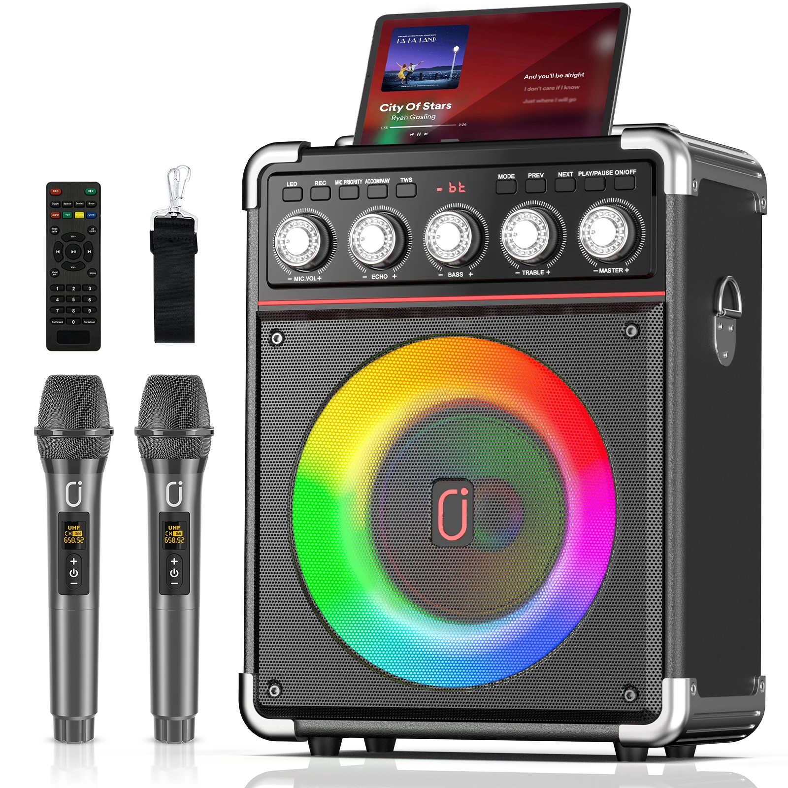 FanFun Karaoke-Lautsprecher, Bluetooth-Lautsprecher mit 2 Mikrofonen und LED-Licht, tragbarer kabelloser Lautsprecher, Party-Lautsprecher für den Außenbereich Image