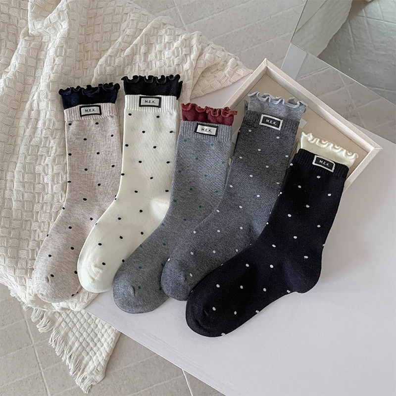 Frau Socken Neue Punkte Nette Rüschen Casual Lange Socken Für Frauen Atmungsaktive Adrette Damen Neuheiten Socken Baumwolle Weiche Bequeme Image