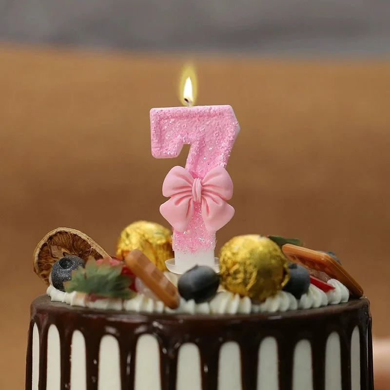 Süße rosa Schleife 3D Zahlen Kuchen Kerzen für Geburtstag Party Dekorationen Geburtstag Dekoration Kuchen Dekorieren Werkzeuge Image