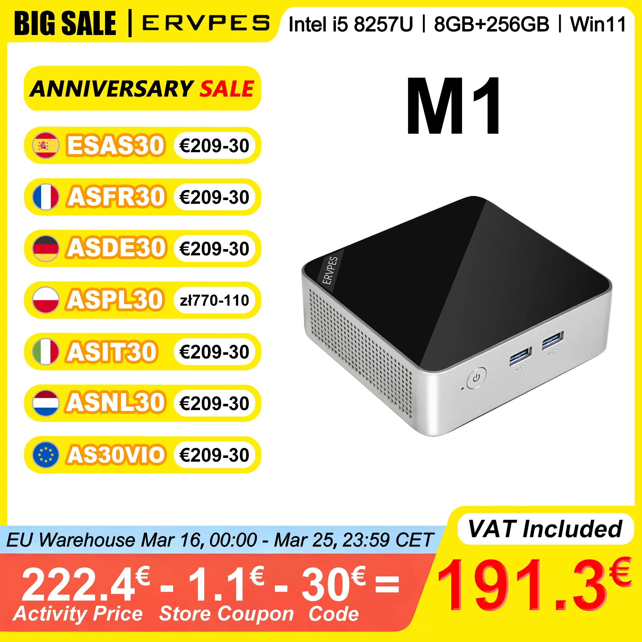 ERVPES M1 Mini-PC Intel i5 8257U 8GB/16GB DDR4 RAM 256GB/512GB SSD Windows 11 HDMI WiFi6 4K@60Hz Image