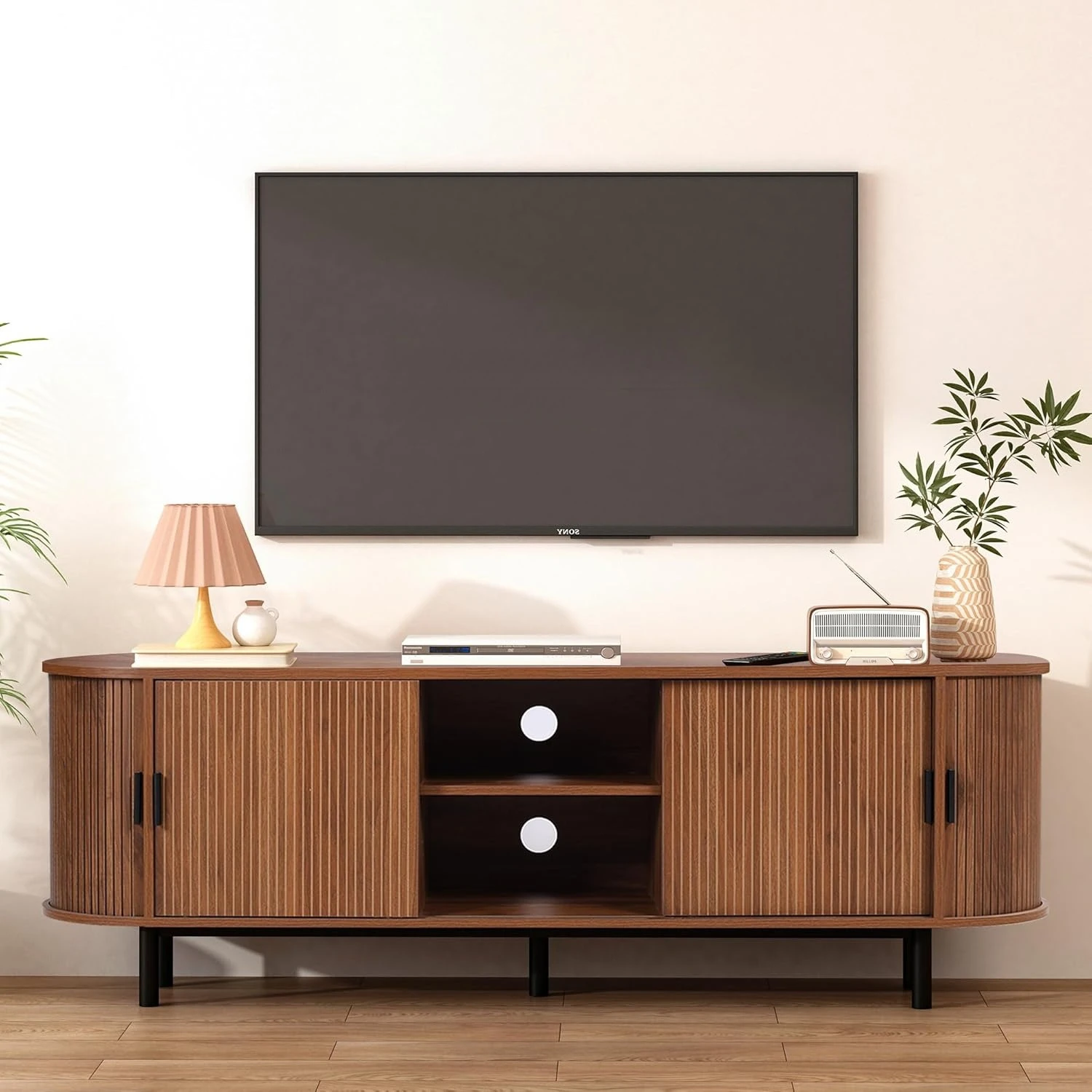 62" Tambour Door TV Stand,Wood Mid Century Modern TV Cabinet for Up to 70“ TV,Curved Edge Long TV Stand with Storage