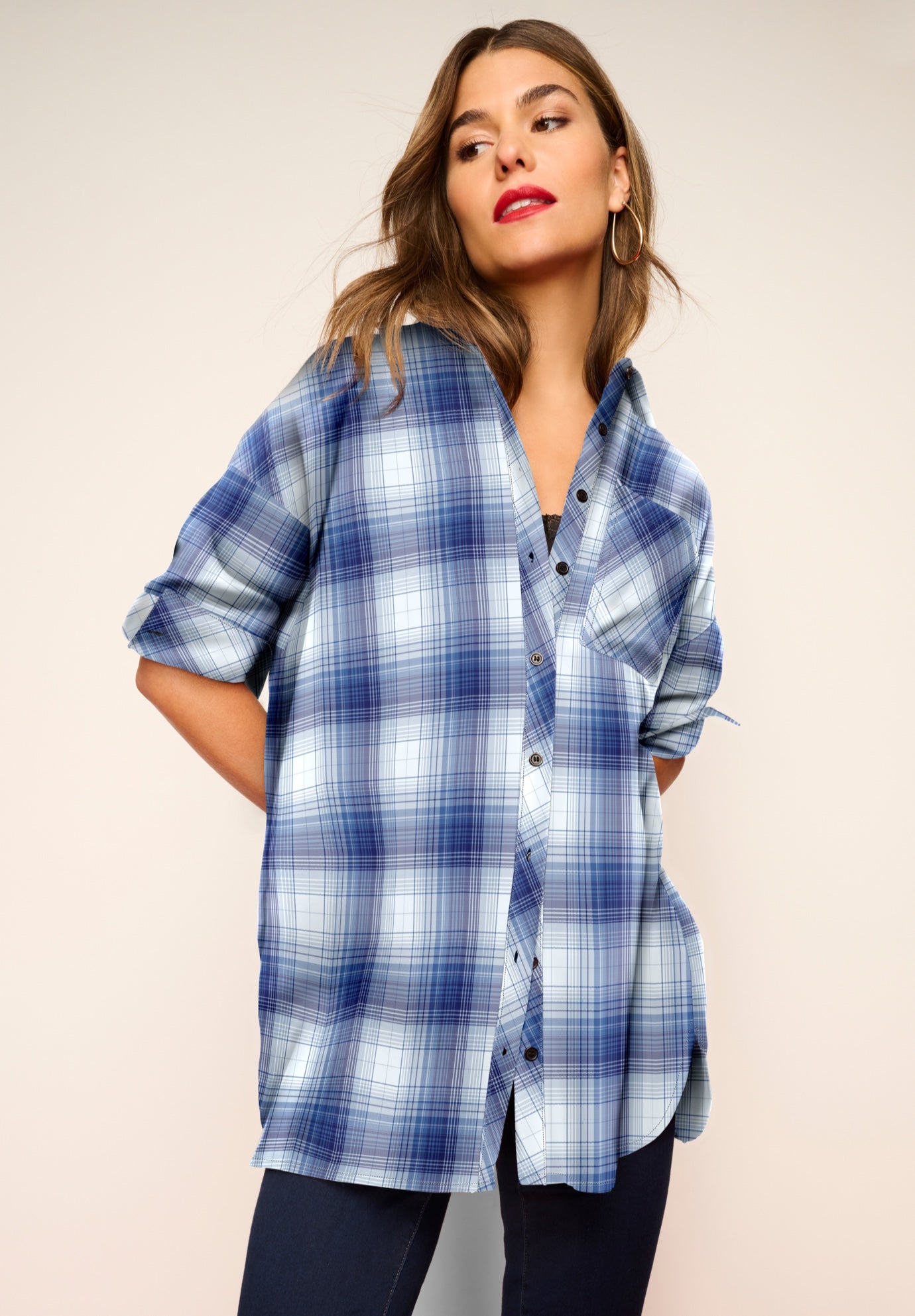 Plus Size Women's Plaid Flannel Tunic by Roaman's in Indigo White Plaid (Size 12 W) Plaid Shirt
