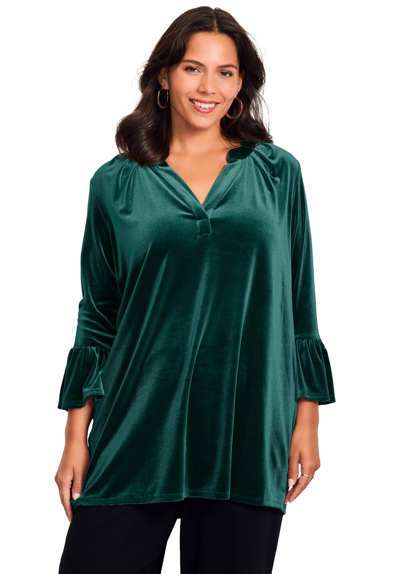 Plus Size Women's Split Neck Bell Sleeve Top by Avenue in Emerald Green (Size 14)