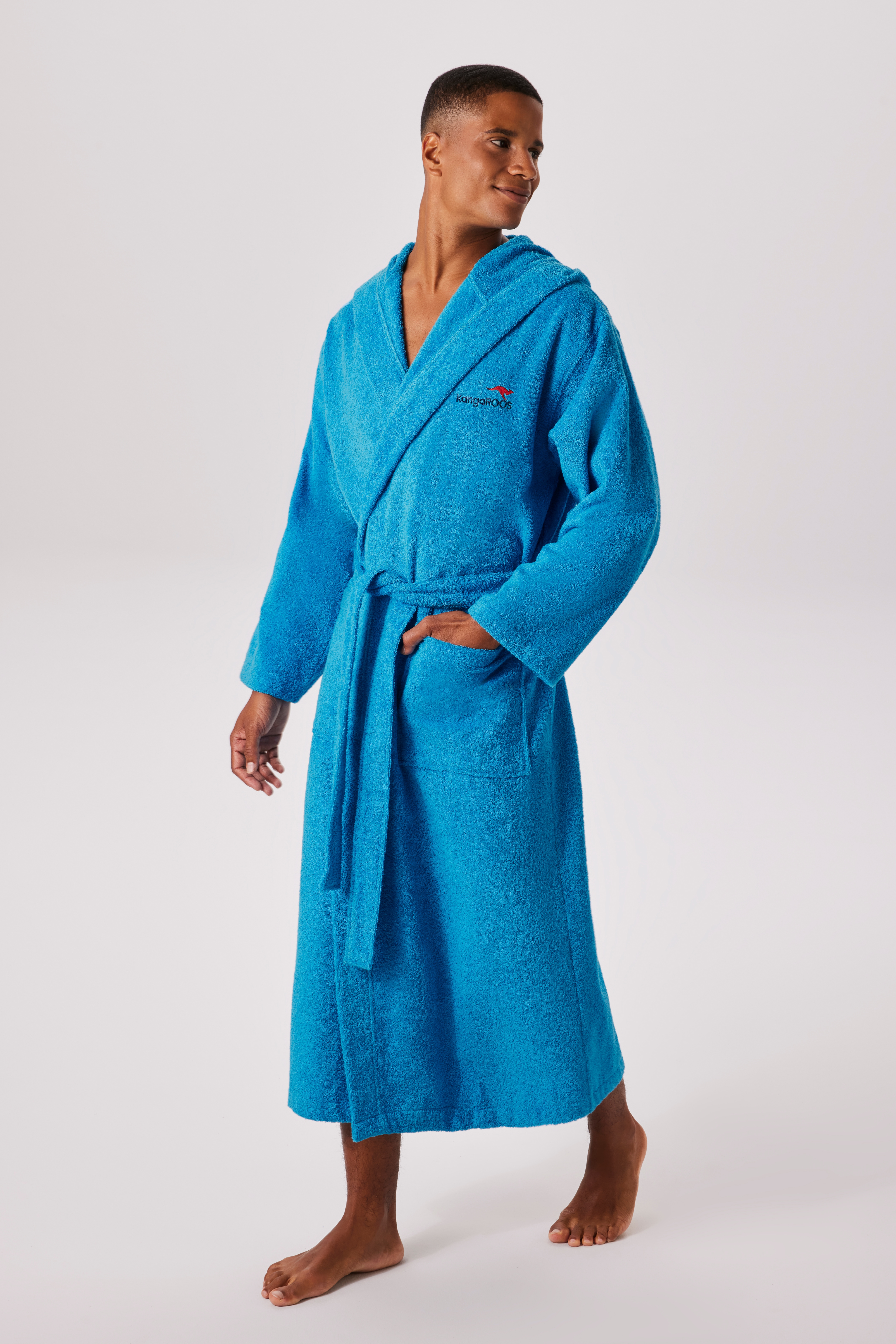 Unisex-Bademantel KANGAROOS "Cassidy, für Damen & Herren, Standardlänge & Überlänge" Gr. S, türkis, L:130cm, Walkfrottee, Hausmäntel, mit Taschen, Männer und Frauen, Baumwolle, Reise, Hotel, Sauna, S-3XL