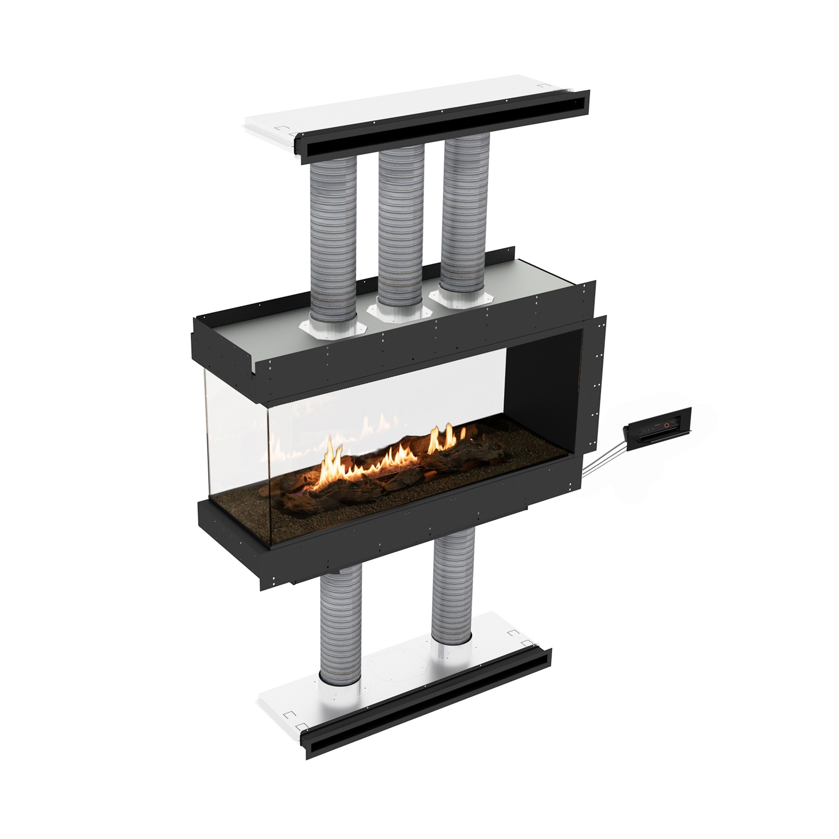 Planika Panorama [Ethanol Einbau Gehäuse mit Automatikbrenner und Verglasung]: Front + rechts offen - mit weißen Kieselsteinen - ohne Smart Home Integration