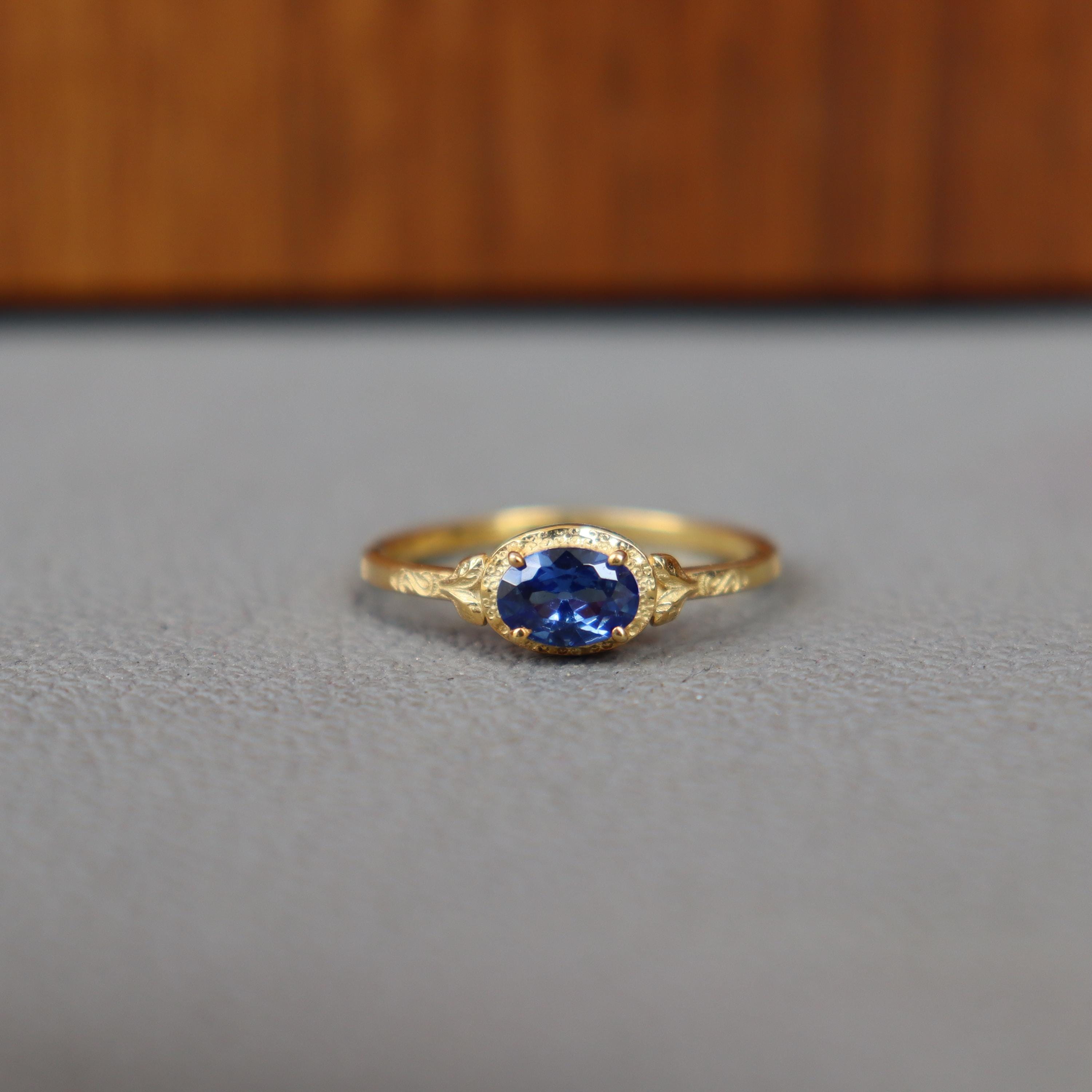Anello con foglie ispirate alla natura, anello con zaffiro blu, anello in vermeil d'oro 14 carati, anello con gemma blu, anello per anniversario, anel