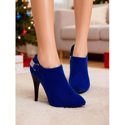 Rote Wildleder-Ankle-Boots für Damen – elegante, kurze Stiefeletten mit hohem Absatz, goldenem Reißverschluss und Strassriemen für Weihnachtsfeiern, festliche Abendessen oder winterliche Outfits Image