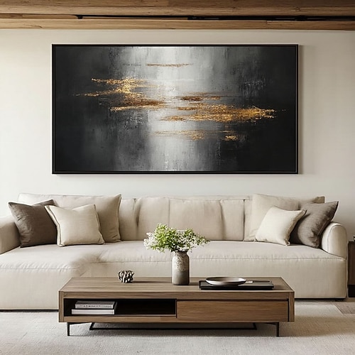 Ölgemälde, Weihnachtsgeschenk, handgemaltes abstraktes Gemälde in Schwarz und Gold, minimalistische Wandkunst, moderne abstrakte Wanddekoration, minimalistisches Kunstwerk für Wohnzimmer und Image