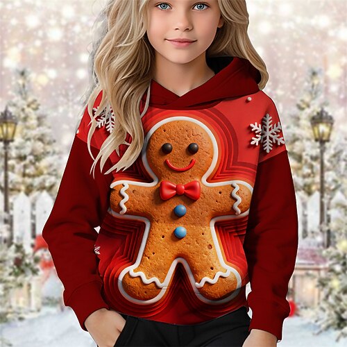 Weihnachten Mädchen 3D Grafik Schneeflocke Lebkuchenmänner Kapuzensweatshirt Langarm Herbst Winter Mode Niedlich Basic Kinder 4-12 Jahre Mit Kapuze Outdoor Lässig Täglich Normale Passform Image