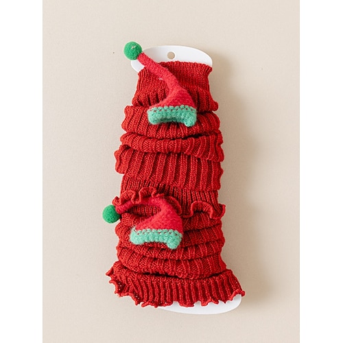 Rote, gerippte Weihnachtssocken für Kinder mit lustigem Elfenmotiv und Bommeln – Weihnachtsgeschenk, Wintermode für Kinder Image