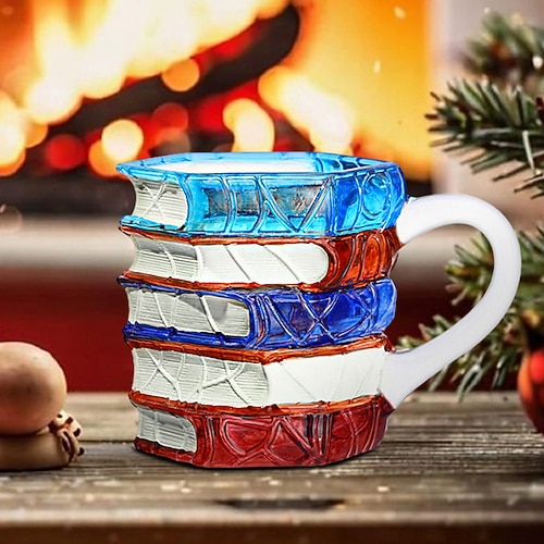 Bemalter Buchbecher, origineller 3D-Buchbecher als Weihnachtsgeschenk, einzigartiger Kaffeebecher aus buntem Glas mit Bücherstapel, Sammlerstück für Leseratten, Bibliothekare und Literaturliebhaber Image