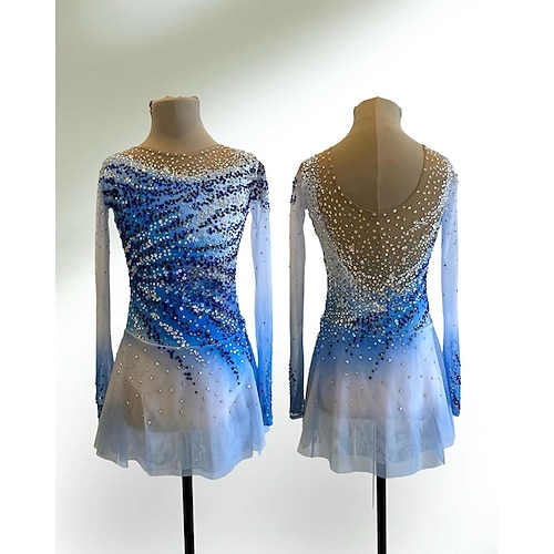 Eiskunstlaufkleid Damen Mädchen Eislaufen Kleid Blau weiß Patchwork Asymmetrischer Saum Spandex Netzstoff Hohe Elastizität Training Wettbewerb Eiskunstlaufkleidung Klassisch Kristall / Strass Langarm Image