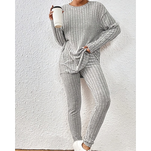 Damen Schlafanzug Freizeitkleidung Schlafanzug Set Lässig Einfarbig Elastischer Bund Hose Heim Täglich Bett Langarm Rundhalsausschnitt Schwarz Marineblau Fuchsie Orange Braun Herbst Winter Lässiger Image