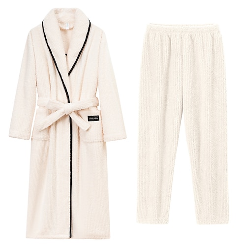 Herren Schlafanzug Nachtwäsche Pyjamaoberteil und Hose Lounge Hose 1 Set Einfach Mode Stilvoll Klassisch Heim Täglich Bett Fleece Polyester Thermowarm Komfort Weich Revers Langarm Fronttasche Gürtel Image