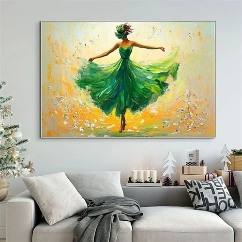 Ölgemälde, handgemalt: Elegante Tänzerin im grünen Kleid, abstraktes Porträt, große Leinwand, moderne Wandmalerei, Spachteltechnik, Impasto-Technik, Wohnzimmerdekoration Image
