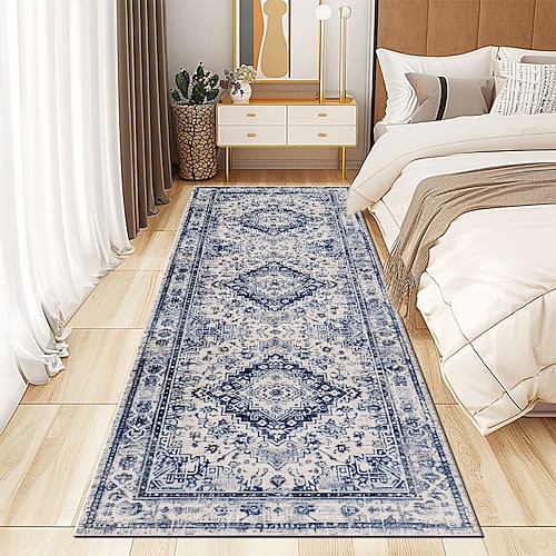 Bereichsteppich für Schlafzimmer groß dick Taube-Velours weich rutschfest absorbierend langer Läufer waschbare TPR-Bodenmatte ethnischer Stil Nachttisch Wohnkultur Image