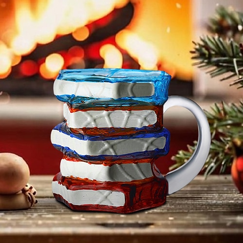 Bemalter Buchbecher, origineller 3D-Buchbecher als Weihnachtsgeschenk, einzigartiger Kaffeebecher aus buntem Glas mit Bücherstapel, Sammlerstück für Leseratten, Bibliothekare und Literaturliebhaber Image