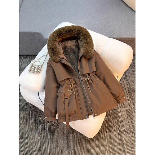 Damen Parka Bequem Atmungsaktiv Reißverschluss Tasche Pelzkragen Lässig Einfach Urlaub Straße Lässig Alltagskleidung Reisverschluss Regulär Mit Kapuze Normale Passform Langarm Oberbekleidung Schwarz Image