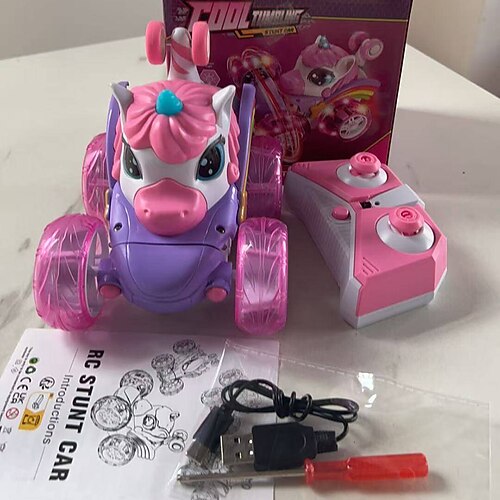 Pinkes Einhorn-Stunt-RC-Auto mit LED-beleuchteten Rädern – ferngesteuerte Überschläge Drehfahrzeug für Mädchen Image