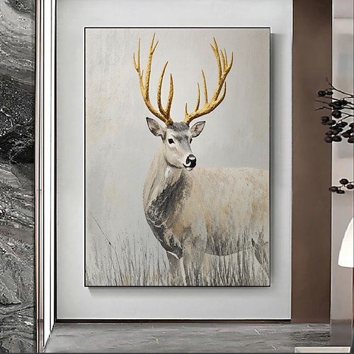 Handgemaltes, rustikales Hirschlandschaftsbild, Wanddekoration für Hütten, Maultierhirsch-Bock-Gemälde, Vintage-Waldzimmer, antike Hirschkunst. Image