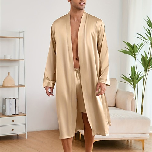 Herren Schlafanzug Seidenrobe Nachtwäsche Schlafanzug Set Einfach Mode Stilvoll Klassisch Heim Täglich Bett Polyester Komfort Weich V Ausschnitt Langarm Frühling Herbst Champagner Wein Image