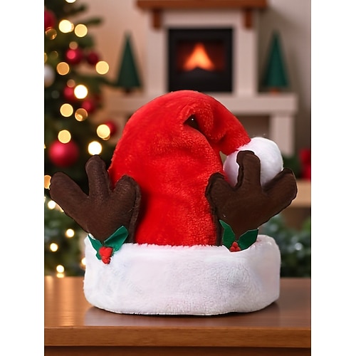 Plüschige Weihnachtsmütze für Damen mit Rentiergeweih, Bommel und Stechpalmenzweigen, festliche Weihnachtsmütze für Weihnachtsfeiern und Winterfeste Image