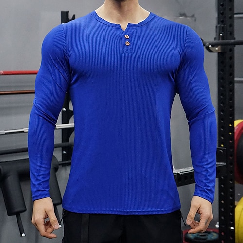 Herren Lauf-T-Shirt Fitnessshirt Sporttop Langarm Oberteil Athleisure Herbst Winter Einfarbig Leicht Atmungsaktiv Fitnessstudio Wandern Training Sportbekleidung Sportkleidung Schwarz Rosa Blau Image