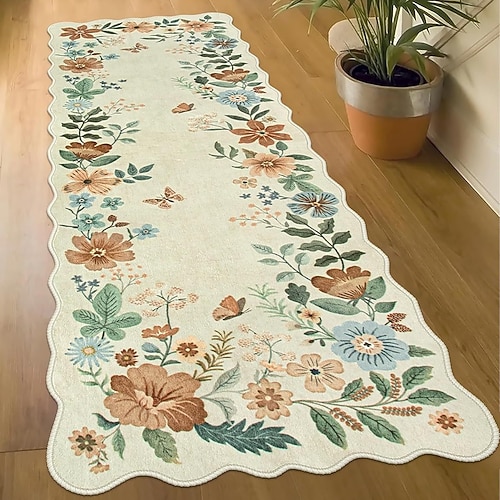 Läuferteppich für Flur Wohnzimmer weich rutschfest maschinenwaschbar langer floraler Kristall-Velours Bodenteppich staubbeständig langlebig leicht zu reinigen Vintage-Stil Wohnkultur Matte Image