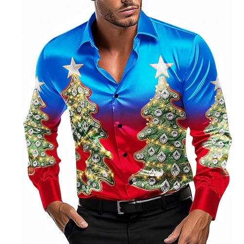 Weihnachten Herren Weihnachtsbaum Farbverlauf Hemd Satinhemd Kleidhemd Langarm Modisch lässig Party Ferien Sommer Frühling Herbst Umlegekragen 3D-Druck Hemden mit Knopfleiste Blau Rot Schwarz / Grün Image