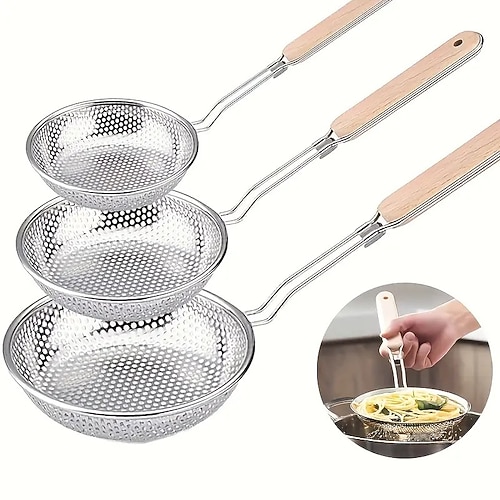 3-teiliges Set Edelstahl-Siebe mit Holzgriffen – ideal zum Braten, Abgießen und Servieren von Pasta Nudeln, perfekt für die Zubereitung von Speisen und Ölfiltern, unverzichtbare Küchenutensilien für Image