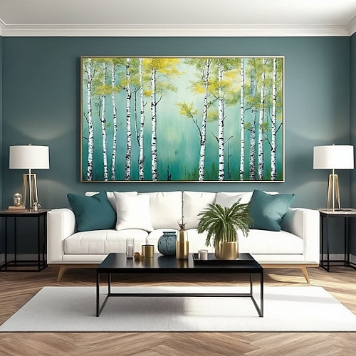 Handgemaltes Ölgemälde einer Silberbirke auf Leinwand, originale grüne Birkenwaldlandschaft, strukturiertes Kunstwerk, Schlafzimmerdekoration, Wohnzimmerwandgemälde Image