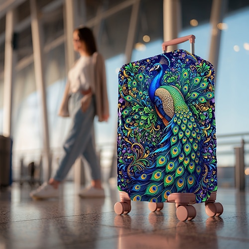Elegante Gepäckhülle mit Pfauenfedermuster, dehnbarer Reisekofferschutz mit farbenfrohem Vogelmotiv Image