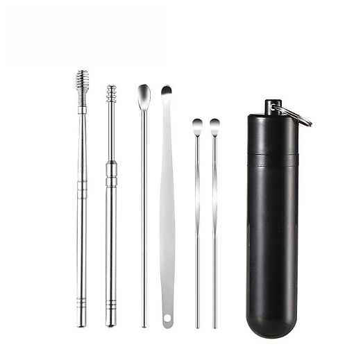 Set di 6 strumenti per la rimozione del cerume in acciaio inossidabile, cucchiaio rotante a spirale per la pulizia delle orecchie e la raccolta del cerume.
