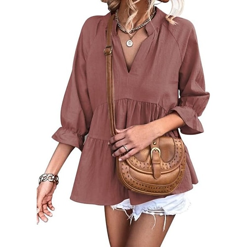 Damen Hemd Bluse Gerafft Einfach Lässig Langarm V Ausschnitt Normale Oberteile Ferien Ausgehen Schwarz Weiß Rosa Wein Armeegrün Sommer Frühling Image