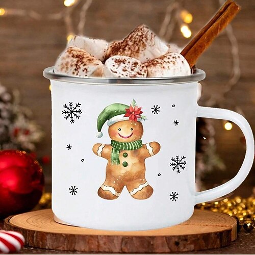 Weihnachtstasse, kleine Emaille-Tasse mit Weihnachtsmotiv, Weihnachtsmann- und Schneemannmotiv, ideal als Geschenk für Kollegen oder als kleines Mitbringsel. Image