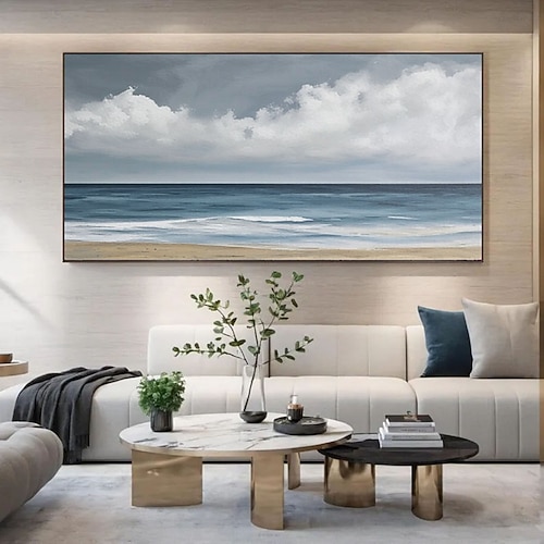 Ölgemälde, handgemalt, blauer Himmel und weiße Wolken, handgefertigte abstrakte Meereskunst, hellbrauner Strand, hellblauer Himmel und Wolken, moderne Textur, Flurdekoration, Wandkunst Image