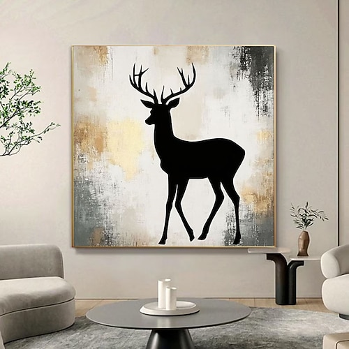 Handgemaltes, großes abstraktes Hirschgemälde in Schwarz-Beige mit Struktur, übergroßes Tierbild für die Wand im Wohnzimmer, abstrakte Leinwandkunst Image