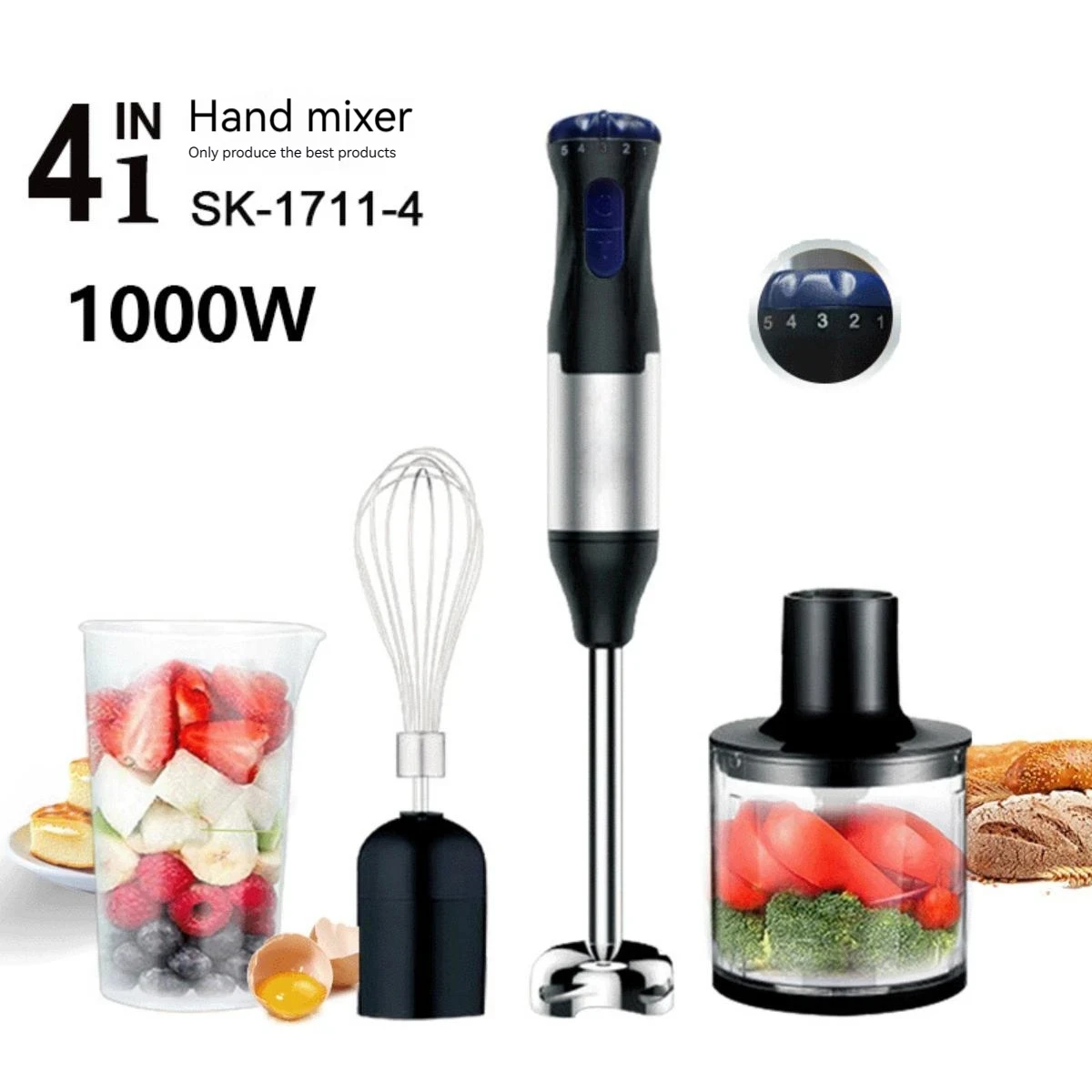 Frullatore manuale 4 in 1 da 1000 W, robot da cucina elettrico a 2 velocità con frusta e tritatutto, potente frullatore ad immersione per cucinare