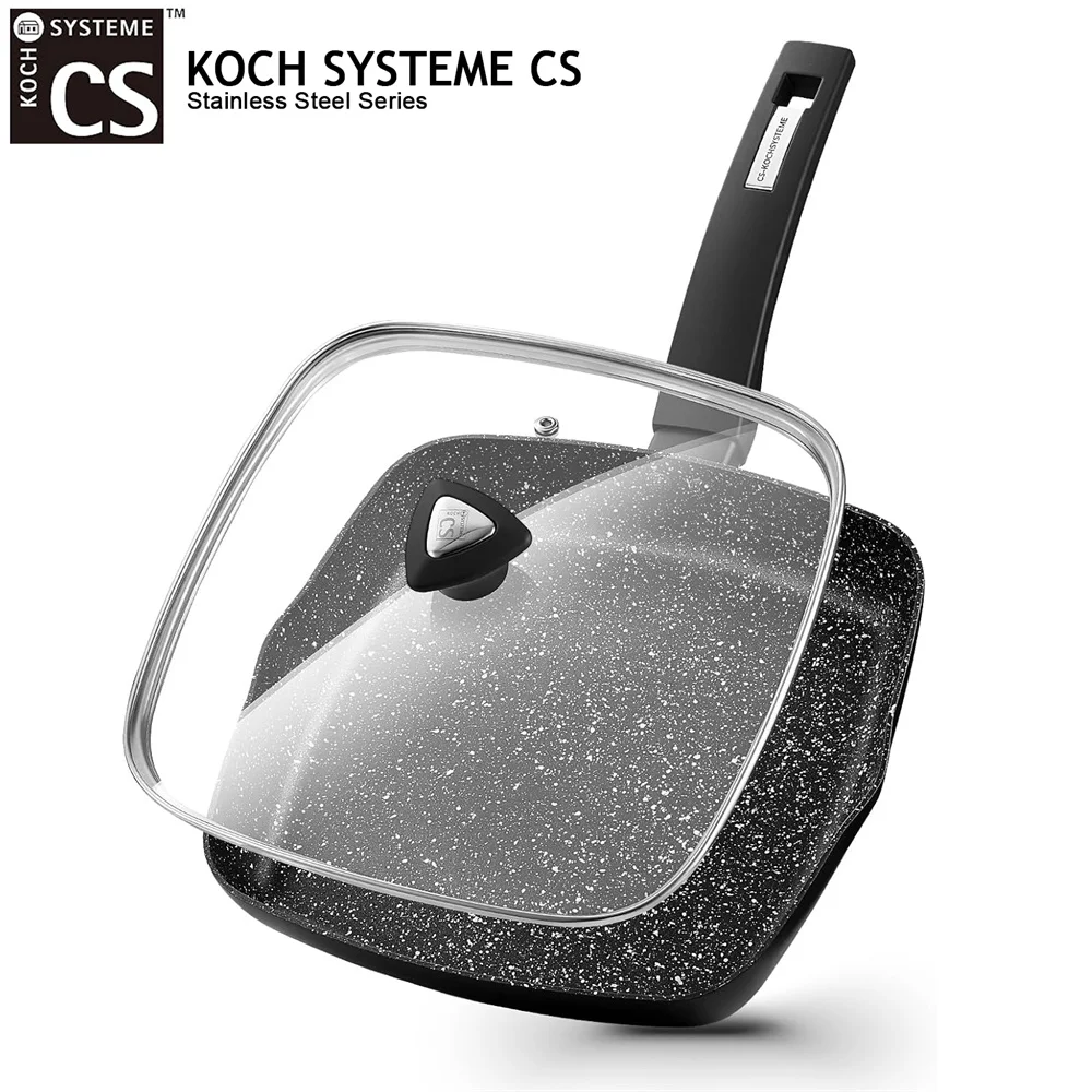KOCH SYSTEME CS 9,5/11 Zoll Antihaft-Grillpfanne für Herdplatten, Marmorbeschichtung, Grillpfanne mit Deckel, quadratische Bratpfanne mit Griff Image