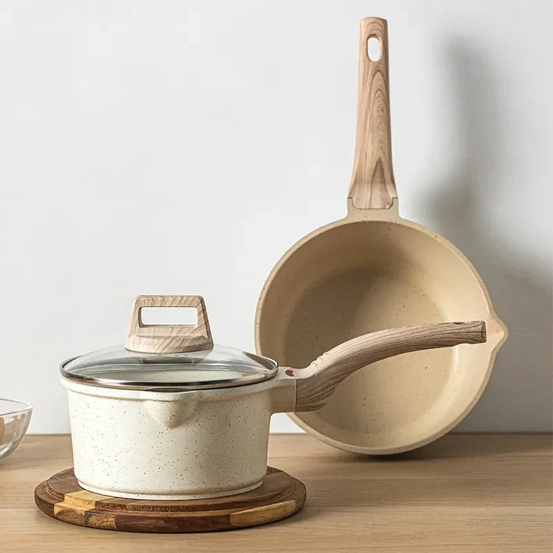 Poêle à frire antiadhésive Maifan pierre cuisine marmite à soupe poêle à lait avec manche en bois Pot ustensiles de cuisine ensemble ustensiles de cuisine pour la cuisine