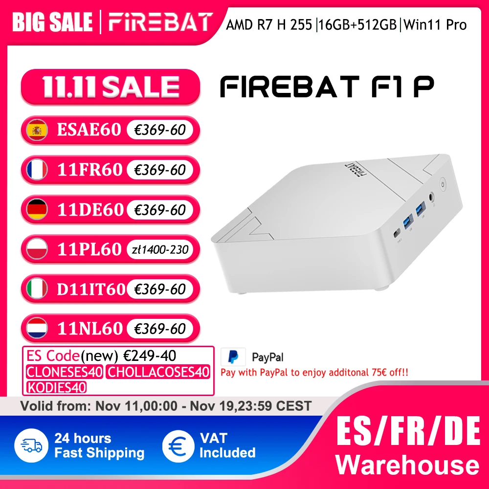 Firebat F1 P Mini-PC AMD Ryzen 7 H 255 16GB LP 24GB DDR5 512GB SSD Win11 Pro Wi-Fi 6 BT5.2 USB4.0 Gaming Desktop Mini-Computer