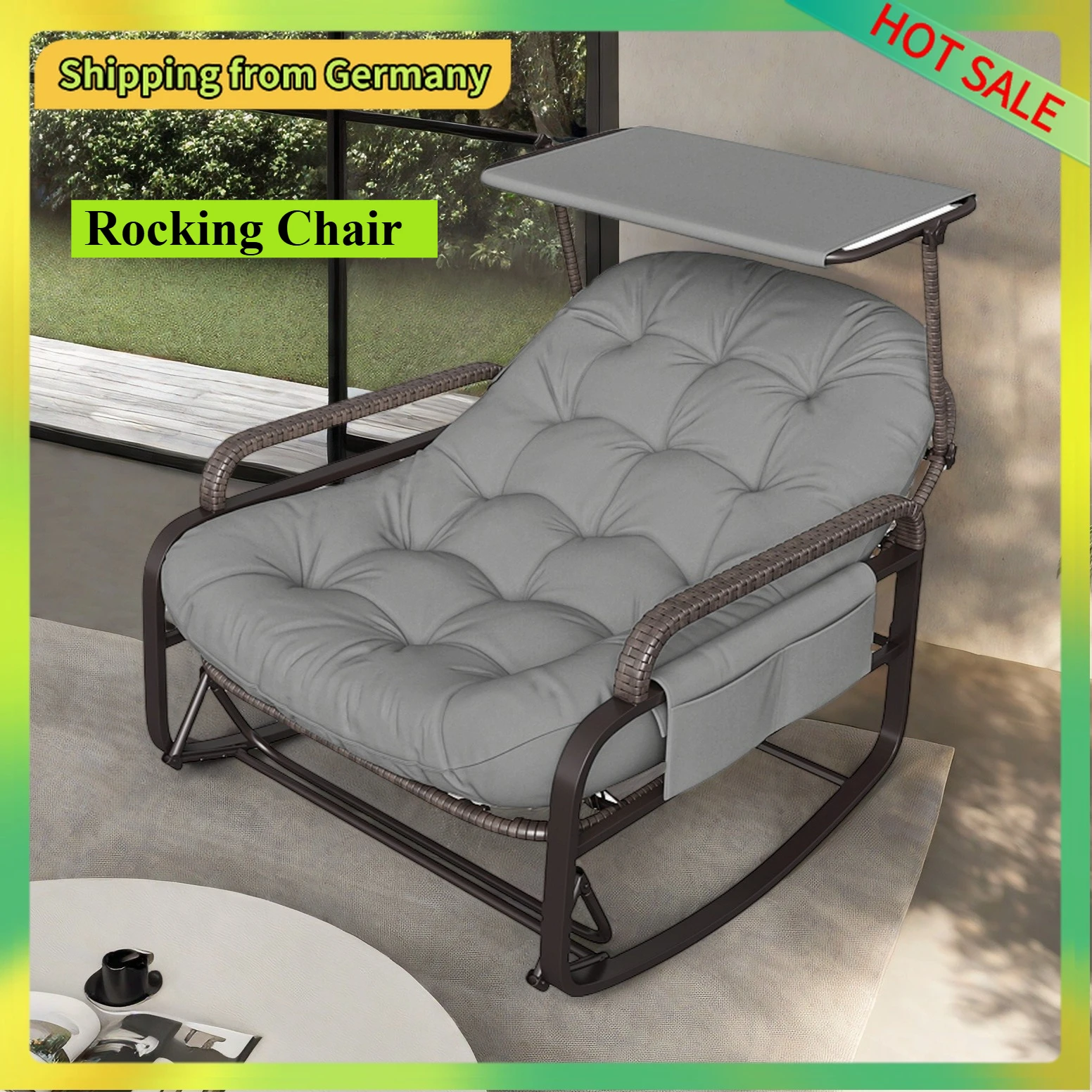 Comanlai Rattan-Schaukelstuhl mit Kissen und verstellbarem Sonnendach, Loungesessel mit klappbarer Fußstütze und Seitentasche, Grau