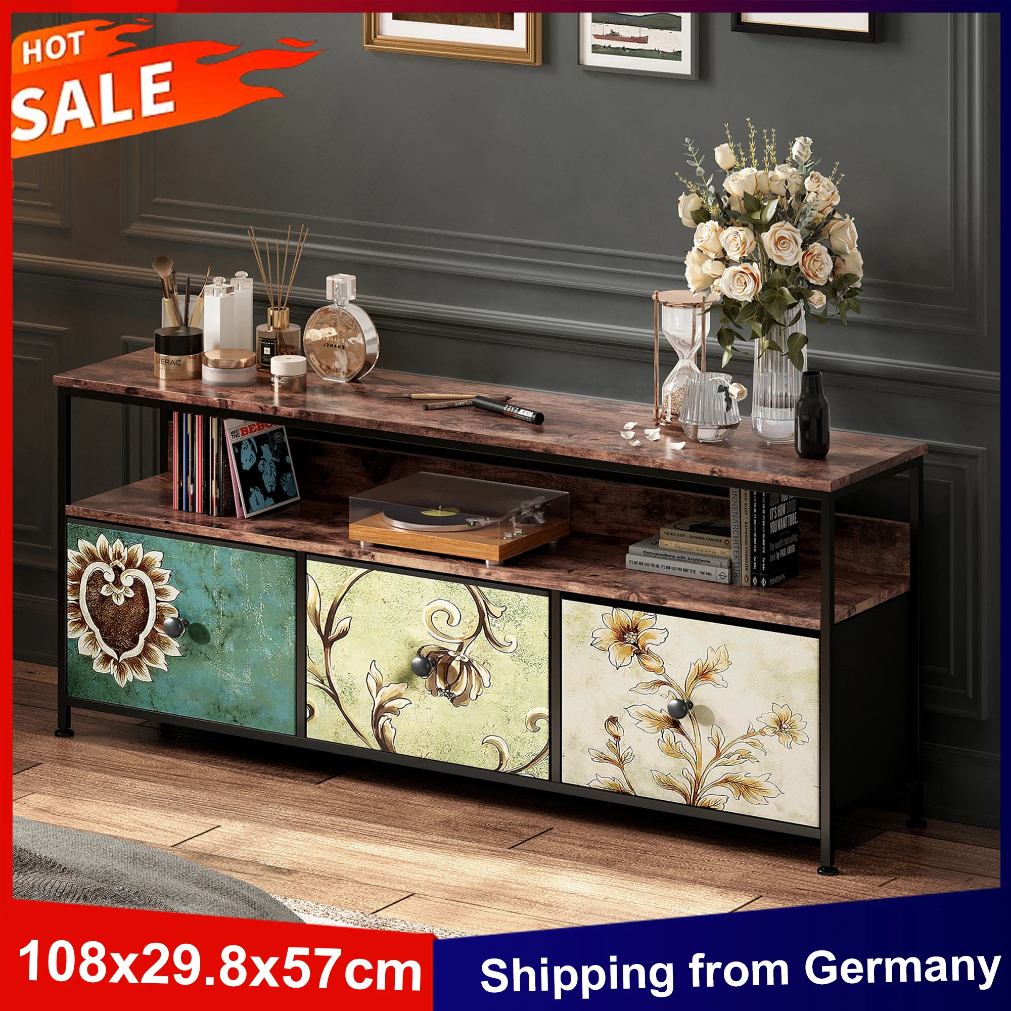 Anajqaqia 108 x 29,8 x 57 cm TV-Schrank mit LED, TV-Lowboard-TV-Ständer mit 3 Schubladen und offenen Fächern, Sideboard für Wohnzimmer