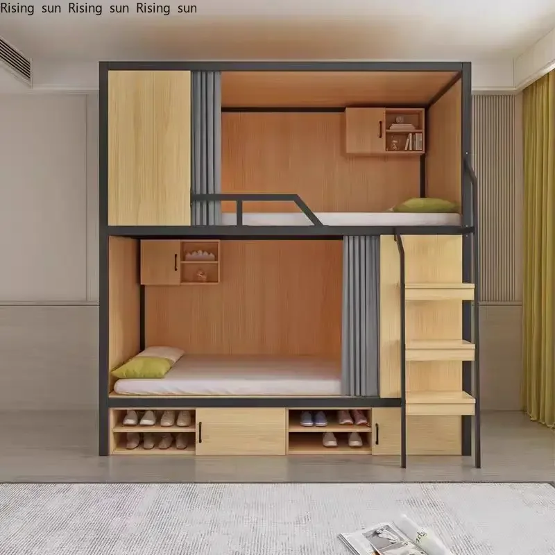 Obere und untere Etagenbetten, Schulwohnheim-Wohnbett, Jugend-Hostel-All-Inclusive-Bett, kombinierte Mutter aus Stahl und Holz Image
